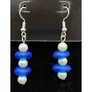 Handmade Blue Sea Glass & Faux Pearl Earrings by Neanie-Bot